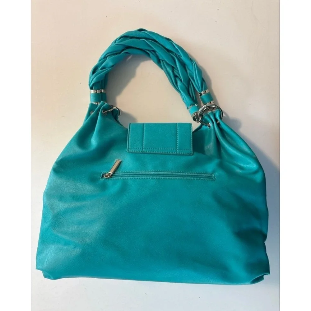 Charlotte Russe Teal Faux Leather‎ Hobo Bag Braided Handle Silver Hardware